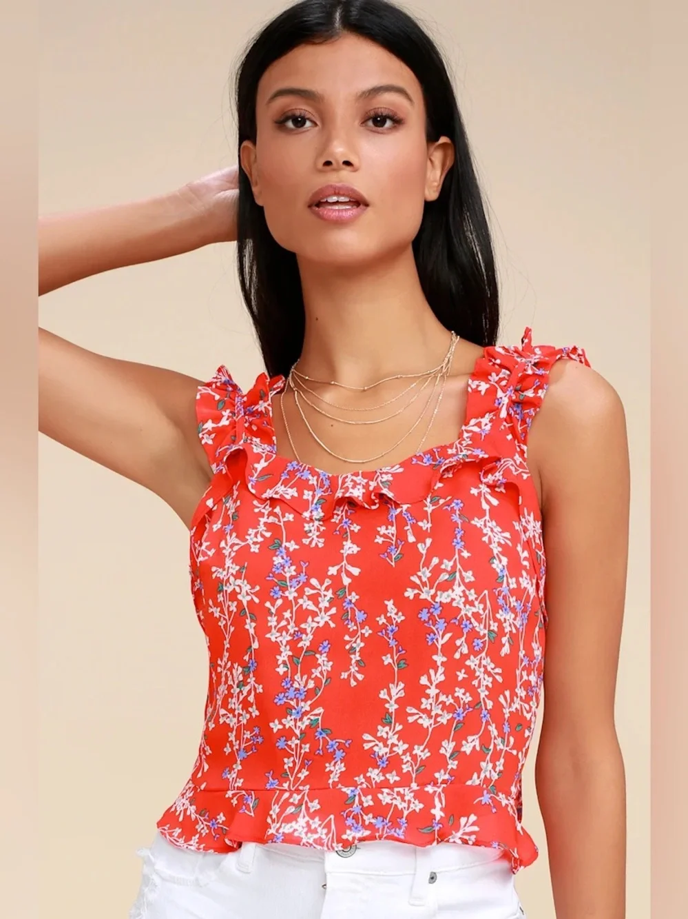 Moon River Rosamund Red Floral Print Tank Top,